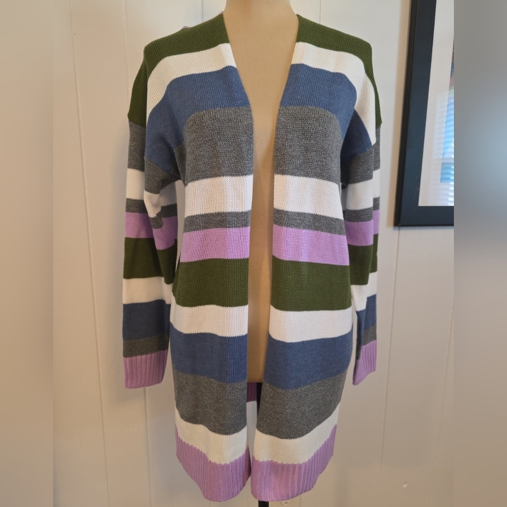 Ecowish Multicolor Striped Open Front Long Cardigan Sweater Size M